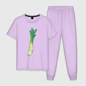 Мужская пижама хлопок с принтом Милый лук в Новосибирске, 100% хлопок | брюки и футболка прямого кроя, без карманов, на брюках мягкая резинка на поясе и по низу штанин
 | арт | длинный лук | лук | мило | милый | овощ | рисунок | свежий овощ | свежий продукт