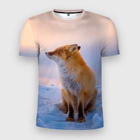 Мужская футболка 3D Slim с принтом Лисичка в Кировске, 100% полиэстер с улучшенными характеристиками | приталенный силуэт, круглая горловина, широкие плечи, сужается к линии бедра | fox | foxy | животные | звери | зима | зимняя | лиса | лисичка | лисы | природа | снег | снежная