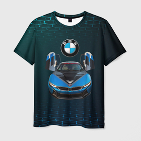 Мужская футболка 3D с принтом BMW i8 Turbo тюнинговая. в Новосибирске, 100% полиэфир | прямой крой, круглый вырез горловины, длина до линии бедер | bmw | bmw performance | bmw тюнинговая | i8 | i8 turbo | m | motorsport | performance | бмв | моторспорт | тюнинг