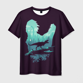 Мужская футболка 3D с принтом T-Rex в Новосибирске, 100% полиэфир | прямой крой, круглый вырез горловины, длина до линии бедер | вертикальная | ветка | дерево | динозавр | животные | иллюстрация | картинка | клыки | креатив | лес | листья | образ | природа | темная | тираннозавр | тирекс | фильмы | хищник | челюсть | юрский период