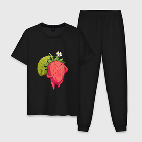 Мужская пижама хлопок с принтом Довольная клубника в Петрозаводске, 100% хлопок | брюки и футболка прямого кроя, без карманов, на брюках мягкая резинка на поясе и по низу штанин
 | арт | белый цветок | белый цветочек | клубника | мило | милота | рисунок | свежая ягода | свежие ягоды | свежий продукт | цветок | цветочек | ягода | ягоды