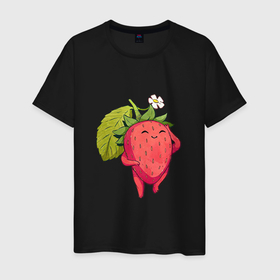 Мужская футболка хлопок с принтом Довольная клубника в Кировске, 100% хлопок | прямой крой, круглый вырез горловины, длина до линии бедер, слегка спущенное плечо. | арт | белый цветок | белый цветочек | клубника | мило | милота | рисунок | свежая ягода | свежие ягоды | свежий продукт | цветок | цветочек | ягода | ягоды