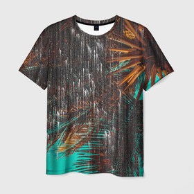 Мужская футболка 3D с принтом Palm glitch art в Белгороде, 100% полиэфир | прямой крой, круглый вырез горловины, длина до линии бедер | art | astraction | glitch | palm | sky | абстракция | арт | ветки | глитч | листья | небо | пальмы