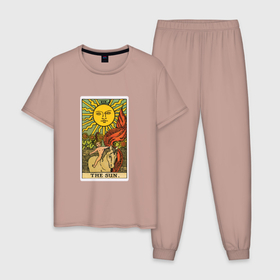 Мужская пижама хлопок с принтом Аркан Солнце в Екатеринбурге, 100% хлопок | брюки и футболка прямого кроя, без карманов, на брюках мягкая резинка на поясе и по низу штанин
 | аркан | духовность | знания | мистика | оккультныезнаки | символы | солнце | старший | тайные | таро | эзотерика