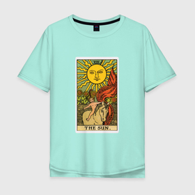 Мужская футболка хлопок Oversize с принтом Аркан Солнце в Новосибирске, 100% хлопок | свободный крой, круглый ворот, “спинка” длиннее передней части | Тематика изображения на принте: аркан | духовность | знания | мистика | оккультныезнаки | символы | солнце | старший | тайные | таро | эзотерика