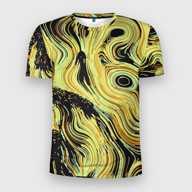 Мужская футболка 3D Slim с принтом Желтые линии в Санкт-Петербурге, 100% полиэстер с улучшенными характеристиками | приталенный силуэт, круглая горловина, широкие плечи, сужается к линии бедра | abstract | lines | paint | yellow | абстракция | движение | желтый | краска | линии | течение