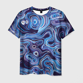 Мужская футболка 3D с принтом Синие линии в Кировске, 100% полиэфир | прямой крой, круглый вырез горловины, длина до линии бедер | abstract | flow | lines | paint | space | абстракция | движение | космос | краска | линии | пятна | синий | течение | фиолетовый