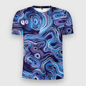 Мужская футболка 3D Slim с принтом Синие линии в Курске, 100% полиэстер с улучшенными характеристиками | приталенный силуэт, круглая горловина, широкие плечи, сужается к линии бедра | abstract | flow | lines | paint | space | абстракция | движение | космос | краска | линии | пятна | синий | течение | фиолетовый