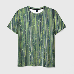 Мужская футболка 3D с принтом Зеленый бамбук в Кировске, 100% полиэфир | прямой крой, круглый вырез горловины, длина до линии бедер | bamboo | forest | stripes | бамбук | заросли | лес | листья | полосы | растения