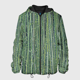 Мужская куртка 3D с принтом Зеленый бамбук в Курске, ткань верха — 100% полиэстер, подклад — флис | прямой крой, подол и капюшон оформлены резинкой с фиксаторами, два кармана без застежек по бокам, один большой потайной карман на груди. Карман на груди застегивается на липучку | bamboo | forest | stripes | бамбук | заросли | лес | листья | полосы | растения