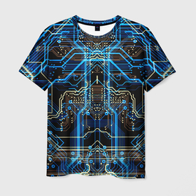 Мужская футболка 3D с принтом Сircuit-$$$ в Новосибирске, 100% полиэфир | прямой крой, круглый вырез горловины, длина до линии бедер | abstraction | chip | circuit | lines | neon | processor | shapes | texture | абстракция | линии | неон | процессор | схема | текстура | формы | чип