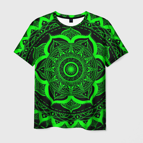 Мужская футболка 3D с принтом Mandala  в Петрозаводске, 100% полиэфир | прямой крой, круглый вырез горловины, длина до линии бедер | Тематика изображения на принте: abstraction | light green | mandala | pattern | shape | tangled | texture | абстракция | запутанный | салатовый | текстура | узор | формы