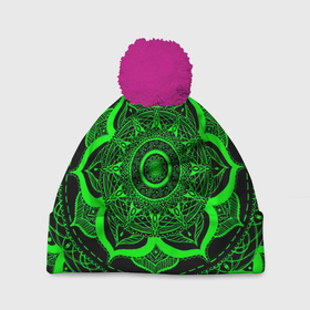 Шапка 3D c помпоном с принтом Mandala в Санкт-Петербурге, 100% полиэстер | универсальный размер, печать по всей поверхности изделия | abstraction | light green | mandala | pattern | shape | tangled | texture | абстракция | запутанный | салатовый | текстура | узор | формы