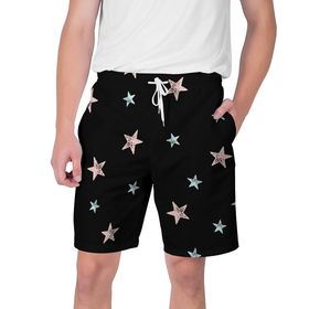 Мужские шорты 3D с принтом Звездопад ,  полиэстер 100% | прямой крой, два кармана без застежек по бокам. Мягкая трикотажная резинка на поясе, внутри которой широкие завязки. Длина чуть выше колен | звезда | космос | небо | ночь | паттерн | розовый | черный