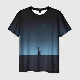 Мужская футболка 3D с принтом ДРУГ ЧЕЛОВЕКА в Тюмени, 100% полиэфир | прямой крой, круглый вырез горловины, длина до линии бедер | звезды | комета | космос | минимализм | небо | о жизни | собака с человеком | социальное