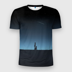 Мужская футболка 3D Slim с принтом ДРУГ ЧЕЛОВЕКА в Екатеринбурге, 100% полиэстер с улучшенными характеристиками | приталенный силуэт, круглая горловина, широкие плечи, сужается к линии бедра | звезды | комета | космос | минимализм | небо | о жизни | собака с человеком | социальное