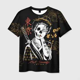 Мужская футболка 3D с принтом Шарм гейши в Кировске, 100% полиэфир | прямой крой, круглый вырез горловины, длина до линии бедер | japan | riot | аниме | иероглифы | китай | цветы | череп | япония