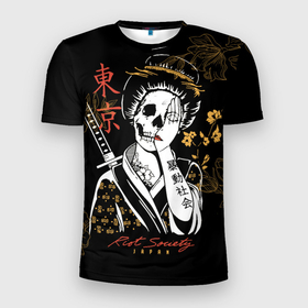 Мужская футболка 3D Slim с принтом Шарм гейши в Белгороде, 100% полиэстер с улучшенными характеристиками | приталенный силуэт, круглая горловина, широкие плечи, сужается к линии бедра | Тематика изображения на принте: japan | riot | аниме | иероглифы | китай | цветы | череп | япония