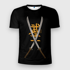 Мужская футболка 3D Slim с принтом 2 Katanas в Белгороде, 100% полиэстер с улучшенными характеристиками | приталенный силуэт, круглая горловина, широкие плечи, сужается к линии бедра | art | chinese character | katanas | swords | арт | катаны | китайский иероглиф | мечи
