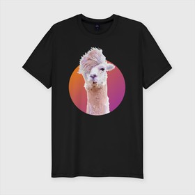 Мужская футболка хлопок Slim с принтом Лама_2 в Курске, 92% хлопок, 8% лайкра | приталенный силуэт, круглый вырез ворота, длина до линии бедра, короткий рукав | alpaca | lama | альпака | арт | животные | картинка | лама | милое животное | рисунок