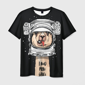 Мужская футболка 3D с принтом Космическая Лама в Белгороде, 100% полиэфир | прямой крой, круглый вырез горловины, длина до линии бедер | gagarin | гагарин | день космонавтики | жираф | звездная пыль | звезды | земля | космонавт | космос | лама | луна | скафандр | шея | юрий