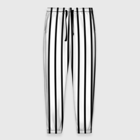 Мужские брюки 3D с принтом Чёрные и белые полосы в Новосибирске, 100% полиэстер | манжеты по низу, эластичный пояс регулируется шнурком, по бокам два кармана без застежек, внутренняя часть кармана из мелкой сетки | Тематика изображения на принте: белая полоса | полоски | тонкие полоски | тонкие полосы | узор полоски | чёрная полоса | чёрно белые полосы