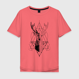 Мужская футболка хлопок Oversize с принтом Polygonal deer в Екатеринбурге, 100% хлопок | свободный крой, круглый ворот, “спинка” длиннее передней части | Тематика изображения на принте: animals | black | circles | deer | drawing | forest | geometric | low poly | poly | silhouette | tattoo | triangles | wild | белый | геометрический | дикий | животные | звери | зверь | контур | круги | лес | лесной | мужской | олени | олень | полигональны