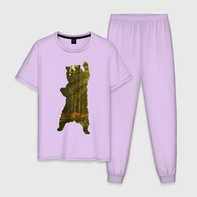 Мужская пижама хлопок с принтом Wild bear. в Белгороде, 100% хлопок | брюки и футболка прямого кроя, без карманов, на брюках мягкая резинка на поясе и по низу штанин
 | Тематика изображения на принте: angry | bear | claws | forest | photo | silhouette | standing | wild | wood | wooden | белый | бурый | в лесу | гризли | деревья | дикий | животные | зверь | злой | когти | крутой | лапа | лес | лесной | лучи | медведь | медвежонок | мишка
