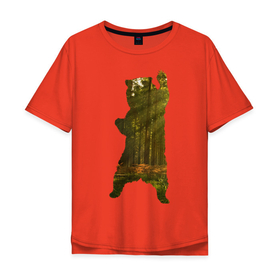 Мужская футболка хлопок Oversize с принтом Wild bear. в Петрозаводске, 100% хлопок | свободный крой, круглый ворот, “спинка” длиннее передней части | angry | bear | claws | forest | photo | silhouette | standing | wild | wood | wooden | белый | бурый | в лесу | гризли | деревья | дикий | животные | зверь | злой | когти | крутой | лапа | лес | лесной | лучи | медведь | медвежонок | мишка