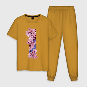 Мужская пижама хлопок с принтом Ветви сакуры в Белгороде, 100% хлопок | брюки и футболка прямого кроя, без карманов, на брюках мягкая резинка на поясе и по низу штанин
 | ветви | градиент | лепестки | полоса | розовый | сакура | темно синий | фиолетовый