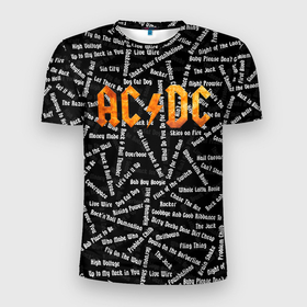 Мужская футболка 3D Slim с принтом AC DC песни паттерн в Новосибирске, 100% полиэстер с улучшенными характеристиками | приталенный силуэт, круглая горловина, широкие плечи, сужается к линии бедра | Тематика изображения на принте: ac dc | acdc | rock | ангус янг | ас дс | асдс | блюз рок | крис слэйд | музыка | рок | рок н ролл | стиви янг | хард рок | эй си ди си | эксл роуз