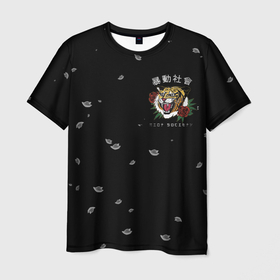 Мужская футболка 3D с принтом Тигр (спина) , 100% полиэфир | прямой крой, круглый вырез горловины, длина до линии бедер | riot society | зверь | иероглифы | кот | кошка | падающие листья | сакура | тигр | хищник. | цветы
