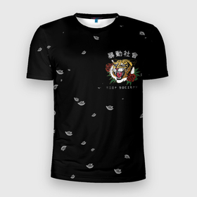 Мужская футболка 3D Slim с принтом Тигр (спина) в Белгороде, 100% полиэстер с улучшенными характеристиками | приталенный силуэт, круглая горловина, широкие плечи, сужается к линии бедра | riot society | зверь | иероглифы | кот | кошка | падающие листья | сакура | тигр | хищник. | цветы