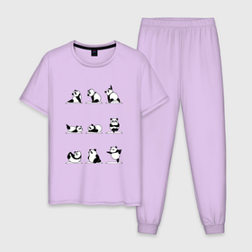Мужская пижама хлопок с принтом Панда занимается йогой в Екатеринбурге, 100% хлопок | брюки и футболка прямого кроя, без карманов, на брюках мягкая резинка на поясе и по низу штанин
 | Тематика изображения на принте: ега | йога | йога и фитнес | карамель | кунг фу | кунг фу панда | панда | пандора | панды | по | с пандами | с пандой | фитнес