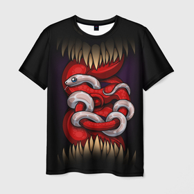 Мужская футболка 3D с принтом monster and snake в Екатеринбурге, 100% полиэфир | прямой крой, круглый вырез горловины, длина до линии бедер | зверь | змеи | змейка | змея | зубы | клык | клыки | монстр | монстры | питон | удав | хищник | язык