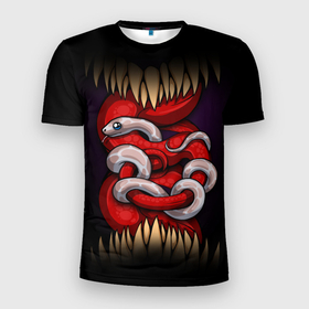 Мужская футболка 3D Slim с принтом monster and snake в Белгороде, 100% полиэстер с улучшенными характеристиками | приталенный силуэт, круглая горловина, широкие плечи, сужается к линии бедра | зверь | змеи | змейка | змея | зубы | клык | клыки | монстр | монстры | питон | удав | хищник | язык