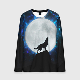 Мужской лонгслив 3D с принтом Волк воющий на луну в Курске, 100% полиэстер | длинные рукава, круглый вырез горловины, полуприлегающий силуэт | Тематика изображения на принте: wolf | волк | волки | волчица | животные | одинокий волк