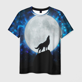 Мужская футболка 3D с принтом Волк воющий на луну в Екатеринбурге, 100% полиэфир | прямой крой, круглый вырез горловины, длина до линии бедер | Тематика изображения на принте: wolf | волк | волки | волчица | животные | одинокий волк
