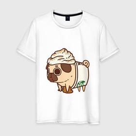 Мужская футболка хлопок с принтом Сладкий мопс в Новосибирске, 100% хлопок | прямой крой, круглый вырез горловины, длина до линии бедер, слегка спущенное плечо. | арт | кофе | мопс | мороженное | рисунок | сладкий | сладость | собака в костюме | собака в костюмчике | шоколад
