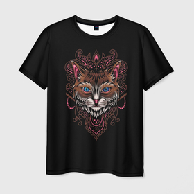 Мужская футболка 3D с принтом Кошка с узорами в Санкт-Петербурге, 100% полиэфир | прямой крой, круглый вырез горловины, длина до линии бедер | животное | кис | киса | кот | котенок | коты | кошка | кошки | кс | кскс | прикольная | узоры | черная футболка