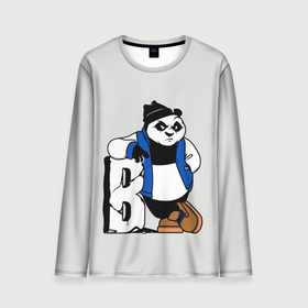 Мужской лонгслив 3D с принтом Серьёзная Панда в Новосибирске, 100% полиэстер | длинные рукава, круглый вырез горловины, полуприлегающий силуэт | Тематика изображения на принте: animal | bear | cartoon | funny | grey t shirt | panda | pandas. bears | животное | медведь | мультяшная | панда | панды. мишки | прикольная | серая футболка