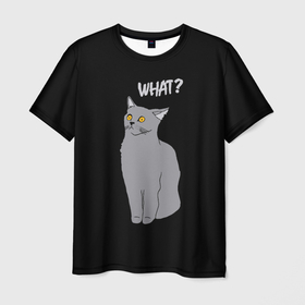 Мужская футболка 3D с принтом What cat , 100% полиэфир | прямой крой, круглый вырез горловины, длина до линии бедер | cat | kitten | kitty | what кот | британская кошка | британский кот | в смысле | взгляд | вопрос | вопросительный знак | глаза кота | животные | кот мем | котенок | котик | котята | кошак | кошка | мемы