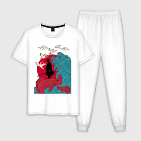 Мужская пижама хлопок с принтом Восток в Курске, 100% хлопок | брюки и футболка прямого кроя, без карманов, на брюках мягкая резинка на поясе и по низу штанин
 | Тематика изображения на принте: волна | рисунок | рыбы | солнце