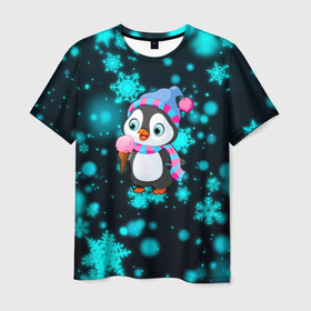 Мужская футболка 3D с принтом Новогодний пингвин в Тюмени, 100% полиэфир | прямой крой, круглый вырез горловины, длина до линии бедер | 2021 | new year | бык | год быка | девочка | дед мороз | детям | дочке | мальчик | модная | модный | мороженое | новогодний дизайн | новогодний пингвин | новогодняя | новый год | пенгвин | пингвин | пингвины