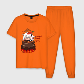 Мужская пижама хлопок с принтом Genshin Impact | Paimon food в Новосибирске, 100% хлопок | брюки и футболка прямого кроя, без карманов, на брюках мягкая резинка на поясе и по низу штанин
 | Тематика изображения на принте: amber | anime | genshin impact | girl | jean | klee | lisa | paimon | zelda | аниме | геншен импакт | геншин импакт | геншин эмпакт | девушка | кли | лиза | паймон | пеймон | тян | эмбер | эмбир