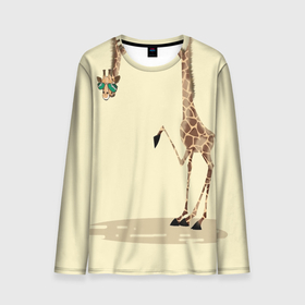 Мужской лонгслив 3D с принтом жираф на шее в Курске, 100% полиэстер | длинные рукава, круглый вырез горловины, полуприлегающий силуэт | Тематика изображения на принте: жираф | жирафик | очки | рисунок