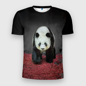 Мужская футболка 3D Slim с принтом ПАНДА в Курске, 100% полиэстер с улучшенными характеристиками | приталенный силуэт, круглая горловина, широкие плечи, сужается к линии бедра | panda | большая | в зоопарке | забавная | медведь | милая | панда | пандочка
