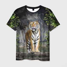 Мужская футболка 3D с принтом ТИГР В ЛЕСУ в Рязани, 100% полиэфир | прямой крой, круглый вырез горловины, длина до линии бедер | tiger | амурский | бенгальский | в зоопарке | в лесу | дикий | кошка | крупная | полосатый | тигр | тигренок | тигрица