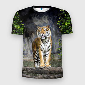 Мужская футболка 3D спортивная с принтом ТИГР В ЛЕСУ в Екатеринбурге, 100% полиэстер с улучшенными характеристиками | приталенный силуэт, круглая горловина, широкие плечи, сужается к линии бедра | tiger | амурский | бенгальский | в зоопарке | в лесу | дикий | кошка | крупная | полосатый | тигр | тигренок | тигрица