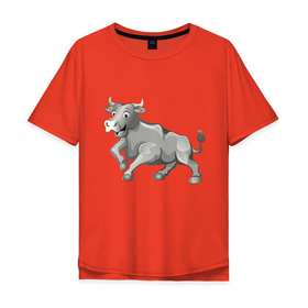Мужская футболка хлопок Oversize с принтом Металлический бык в Тюмени, 100% хлопок | свободный крой, круглый ворот, “спинка” длиннее передней части | Тематика изображения на принте: 2021 | bull | белый | бык | дикая природа | добрый | зима | китайский календарь | металлический | милый | новый год | подарок | серебряный | улыбается